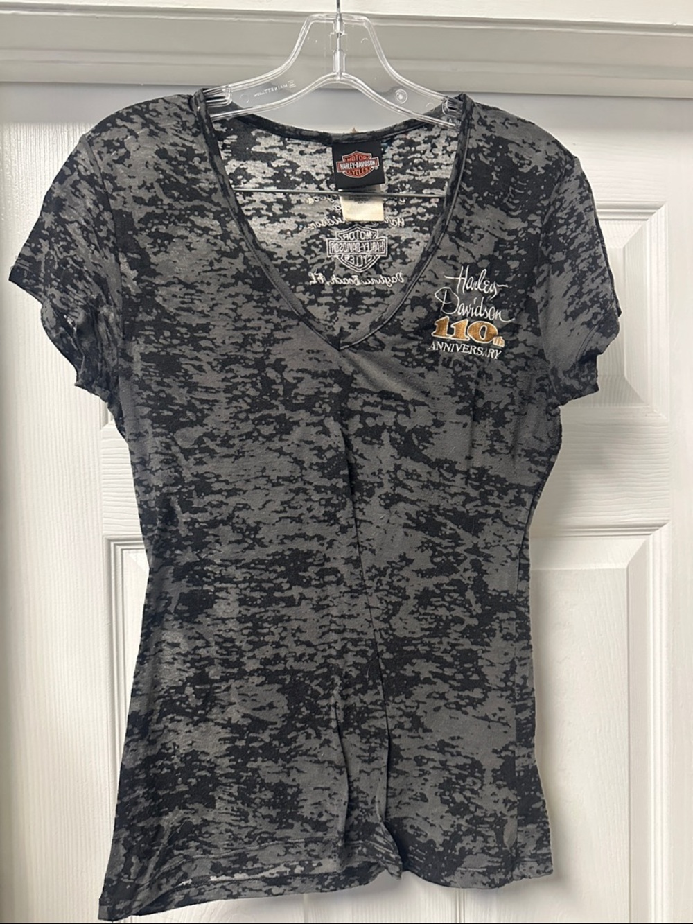 Harley-Davidson Women's Black & Gray Burnout V-Neck Tee with 110th Patch